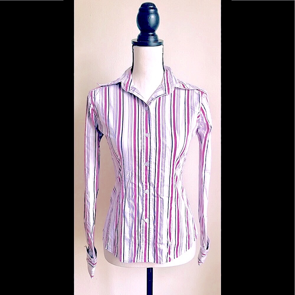 Button-Up Blouse: Pink, Purple & Silver Stripe, Folded Collar, Stretch, Sz. XS
